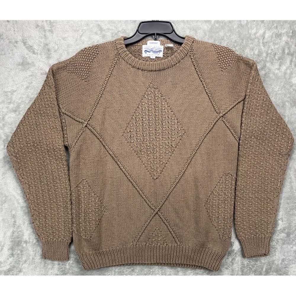VTG Perry Ellis Hand Knit Sweater 3D Chunky Cable‎ Knit Size L Brown